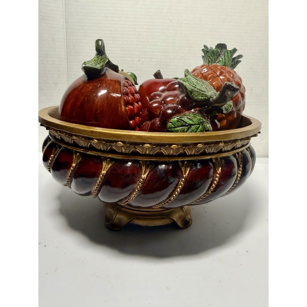 Ceramic Multicolor Fruit Centerpiece Bowl with Pineapple Pear Grapes Apple Pom